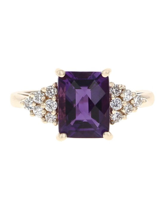 Amethyst Cushion and Diamond Ring in Gold